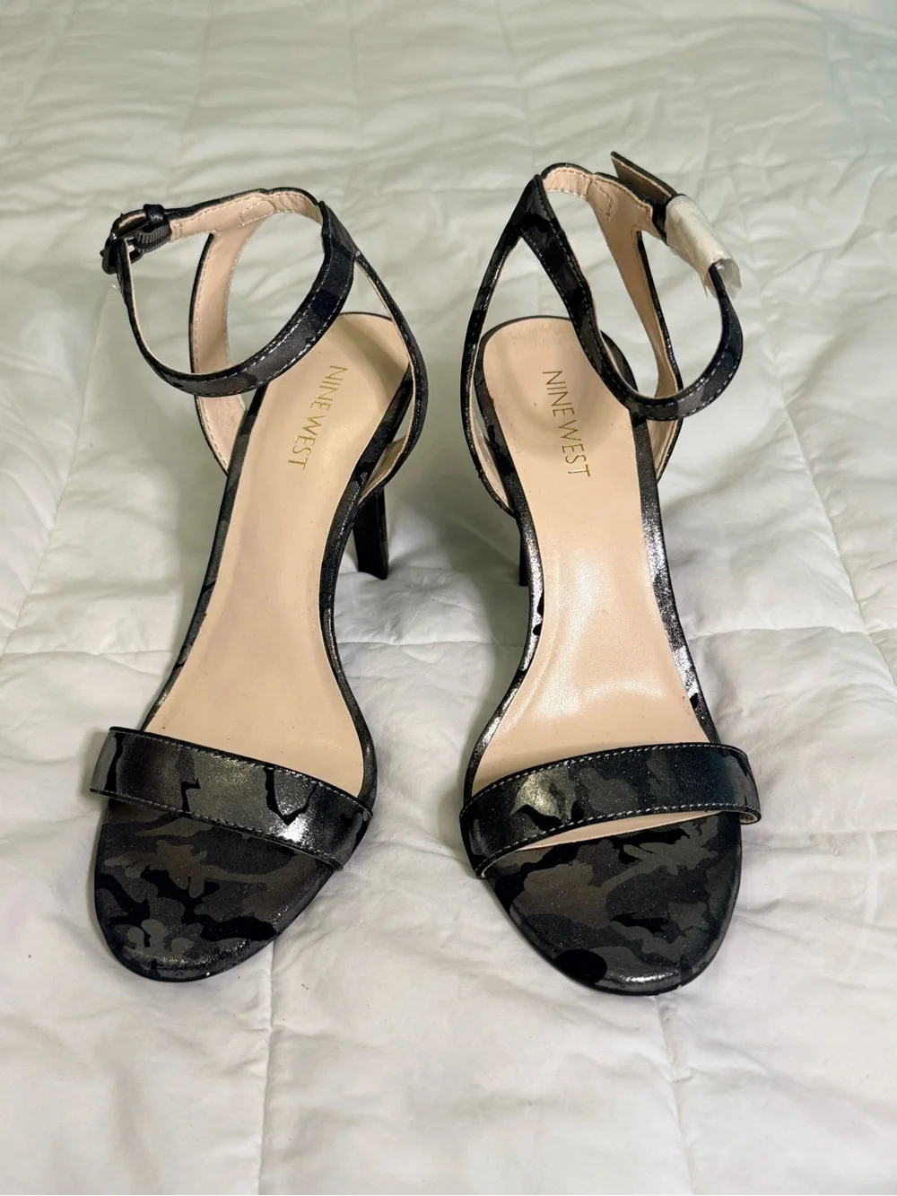 Nine West Black Patent Camouflage Ankle-Strap Sandals